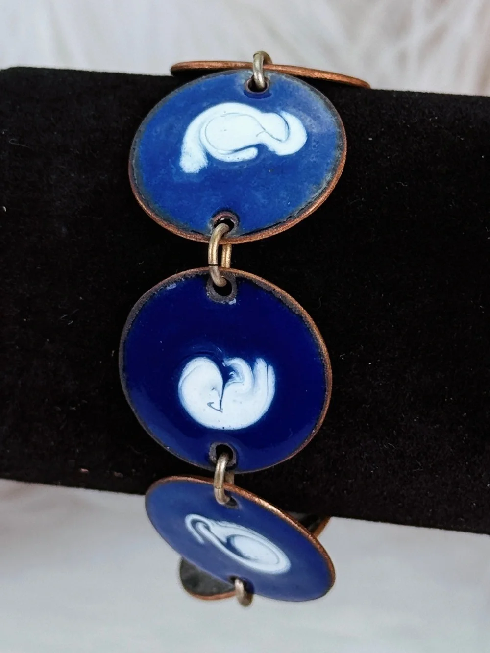 Vintage Cobalt Blue Abstract Disc Bracelet White Motif Articulated Statement